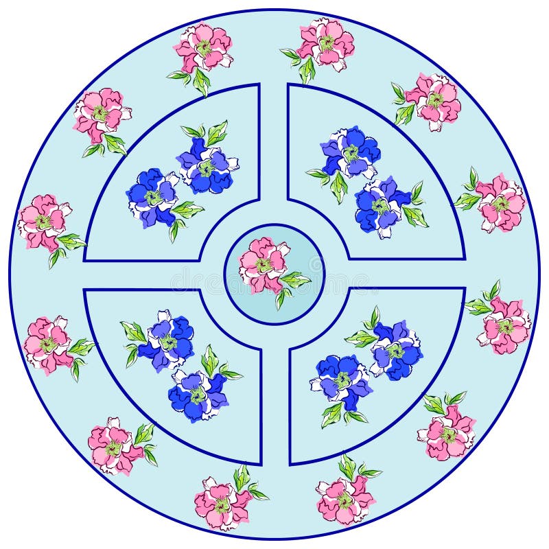 花卉无缝的样式桃红色和蓝色抽象花在圈子在几何蓝色背景,传染媒介例证 向量例证 花卉无缝的样式桃红色和蓝色抽象花在圈子在几何蓝色背景,传染媒介例证 向量例证